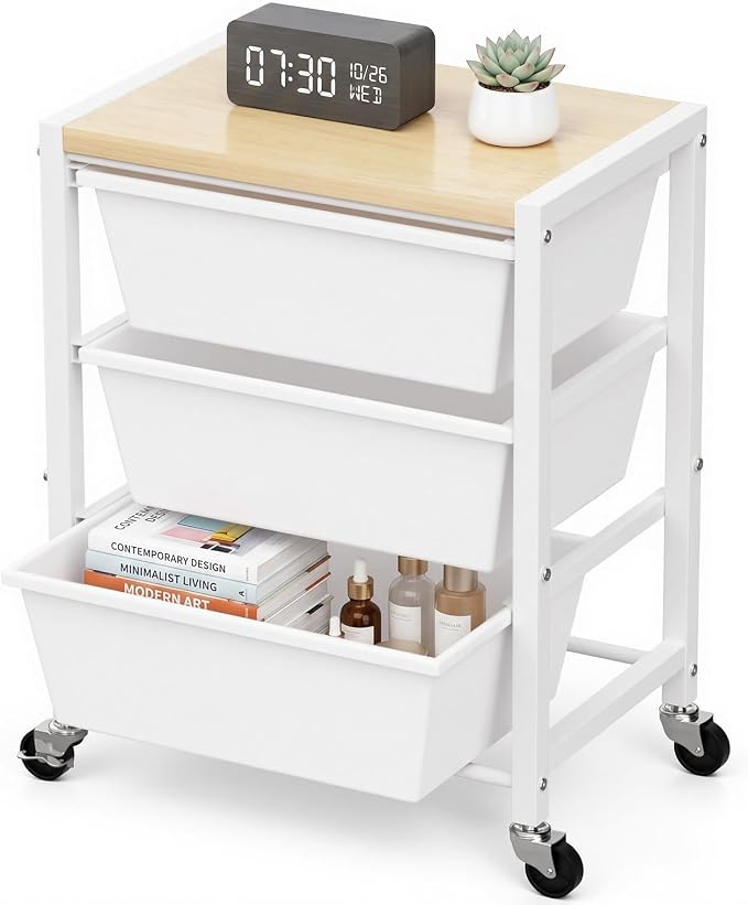 Rolling Cart with 3 Drawers, Plastic Drawer Storage Carts with Lockable Wheels & Wooden Tabletop, Metal Art Craft Utility Cart Organizer for Home Office Bedroom Dorm Bedside Classroom, Bright White by TimeForest