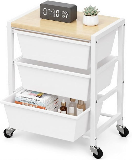 Rolling Cart with 3 Drawers, Plastic Drawer Storage Carts with Lockable Wheels & Wooden Tabletop, Metal Art Craft Utility Cart Organizer for Home Office Bedroom Dorm Bedside Classroom, Bright White by TimeForest