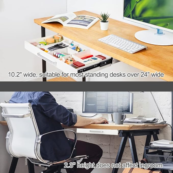 Large Size Under Desk Slide out Pencil Drawer White with Adjustable Space Divider Design for Storing Pencil and Office Accessories, Underdesk Pull out Tray Organizer Mounted for Sit Stand Workstation - Image 5