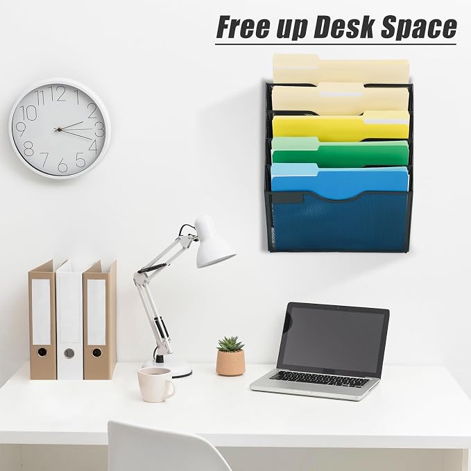 5 Pocket Mesh Hanging Wall File Organizer, Wall Mounted Mail Paper Document Folder Holder, Clipboard Storage Organization Magazine Rack with Nametag Label for Office Home School, Black - Image 6