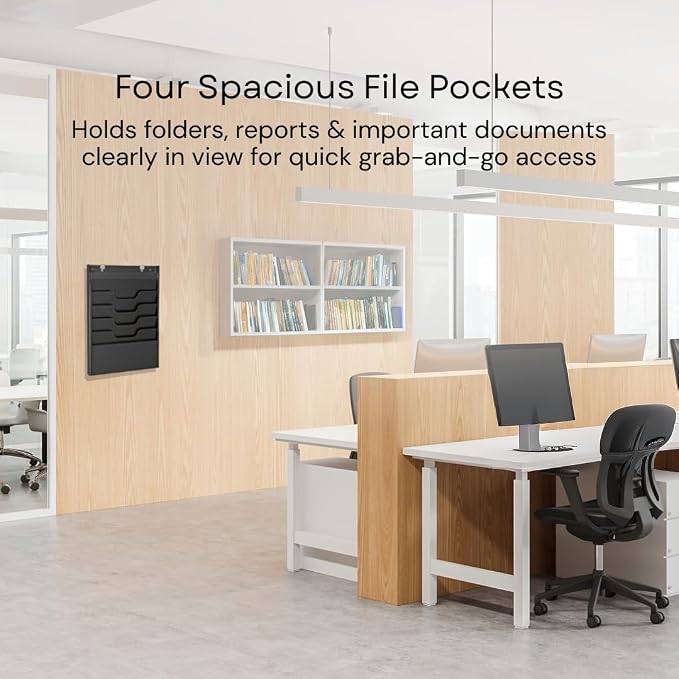 4 Tier Wall Mounted File Organizer, Metal Task Rack for Office Documents, Mail & Folders, Space-Saving Office Wall Organizer, Black 19.5”H - Image 4