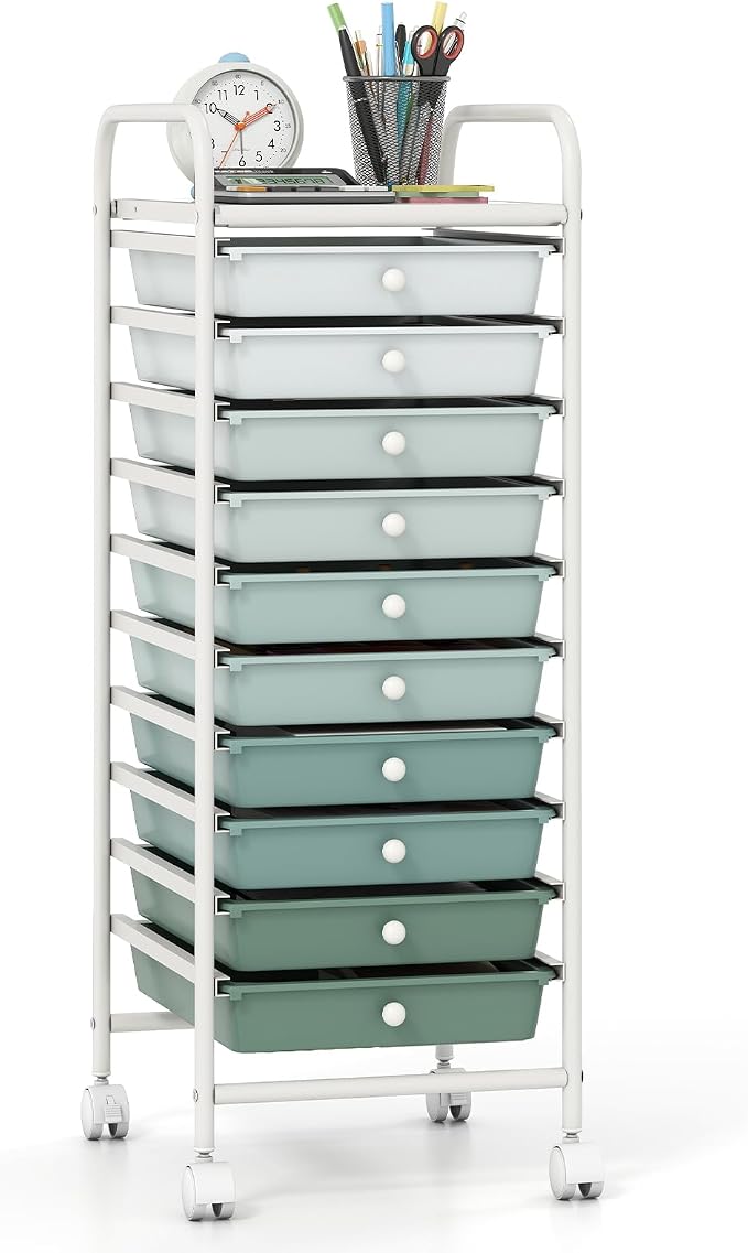 Giantex 10-Drawer Rolling Storage Cart w/Wheels, Handle, Removable Drawers, Mobile Organizer Storage Unit, Trolley Utility Cart for Home Kitchen Living Room Office Play Room, Green Gradient by Giantex