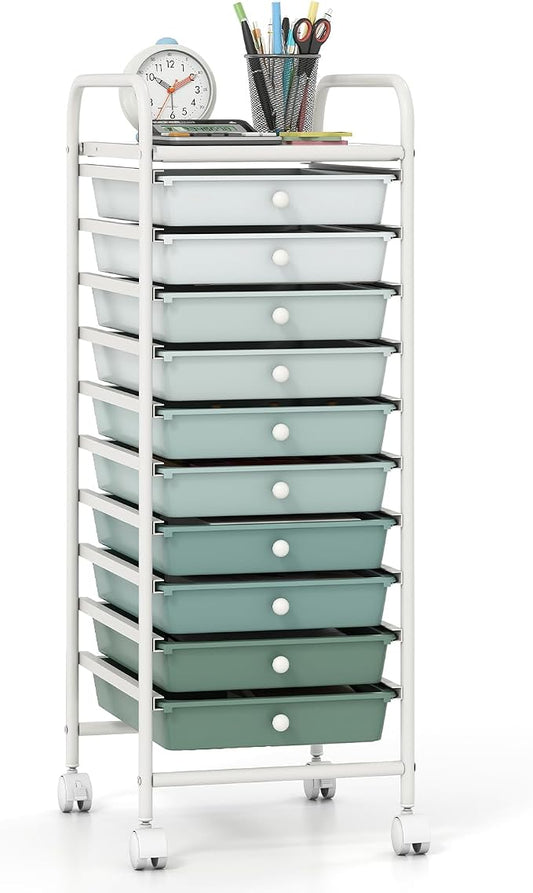 Giantex 10-Drawer Rolling Storage Cart w/Wheels, Handle, Removable Drawers, Mobile Organizer Storage Unit, Trolley Utility Cart for Home Kitchen Living Room Office Play Room, Green Gradient by Giantex