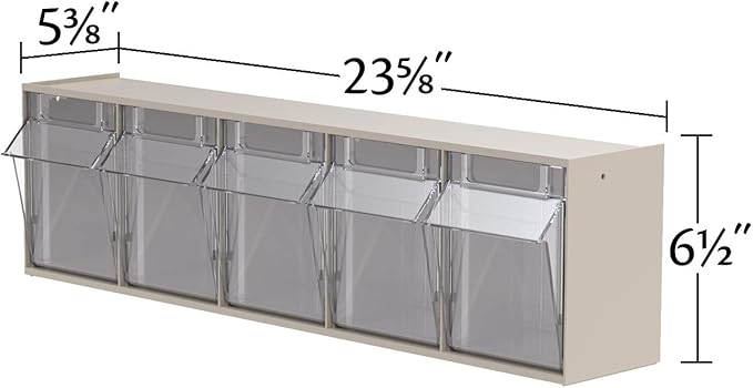 Akro-Mils TiltView Plastic Storage Cabinet with 5 Tilt Out Bins, Horizontal Plastic Parts Organizer, Teacher Toolbox, and Office Supply Organizer, 23-5/8" W x 6-1/2" H x 5-5/8" D, Stone - Image 3
