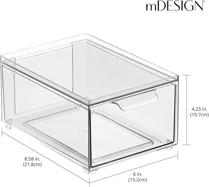 mDesign Plastic Bathroom Organizer Bin w/Pull Out Drawer - Slim Stackable Storage Container for Bathroom Accessories - Perfect for Organizing Bathroom Cabinet - Lumiere Collection - 4 Pack - Clear - Image 3