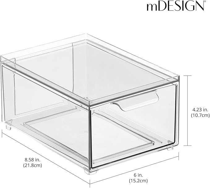 mDesign Stackable Storage Containers Box with 2 Pull-Out Drawers - Stacking Plastic Drawer Bins for Closet Organization, Linen, Coat, Bedroom or Entryway Closets - Lumiere Collection - 2 Pack - Clear - Image 3