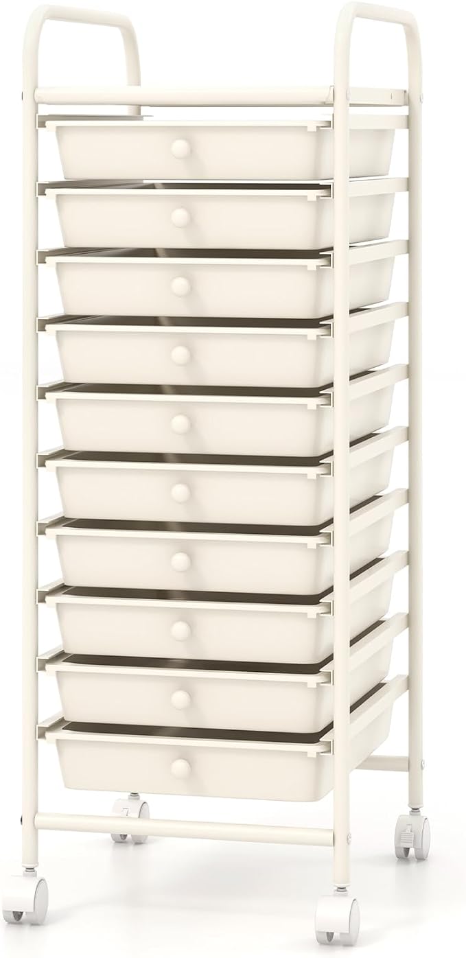 Giantex 10-Drawer Storage Cart w/Universal Wheel, Rolling Cart w/Handle, Home Organizer Storage Unit w/Removable Drawers, Trolley Utility Cart for Kitchen Makeup Living Room Office Play Room, Ivory - Image 9