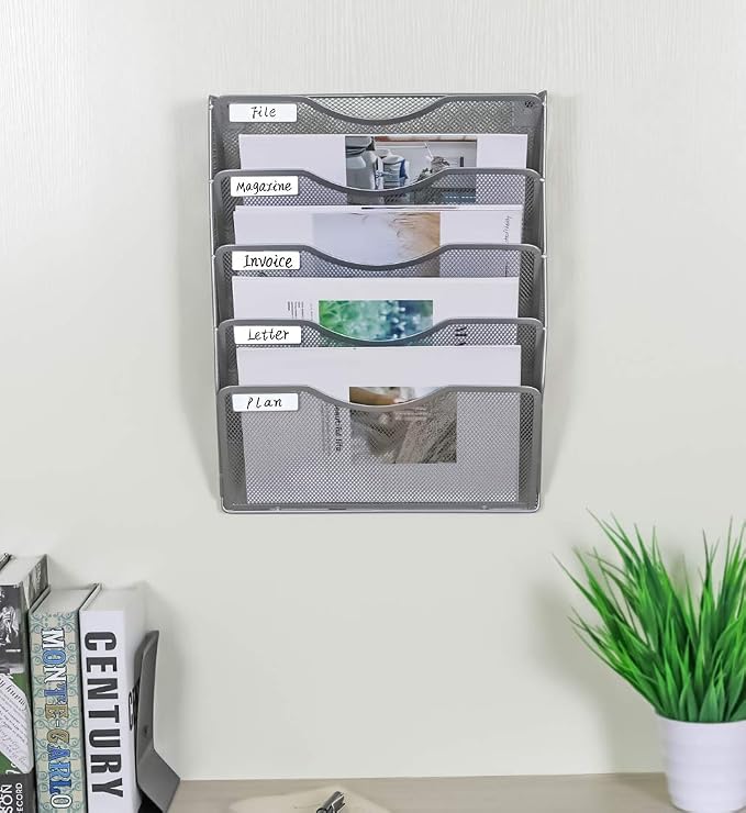 EasyPAG Wall File Organizer 5 Tier Hanging Paper Folder Holder, Zero Assembly Metal Mesh Wall Mounted Mail Organizer for Office Home Classroom Narrow Spaces, Silver - Image 5