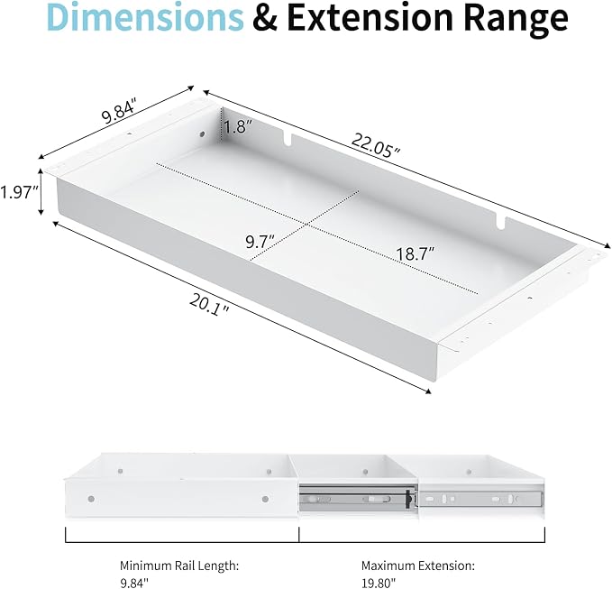 Under Desk Drawer,20.1 inch Carbon Steel Slide-Out Under Table Storage Organizer With Full Extension Ball-Bearing Slides,Undermount Drawer For Standing Desk & Home Office,White - Image 2