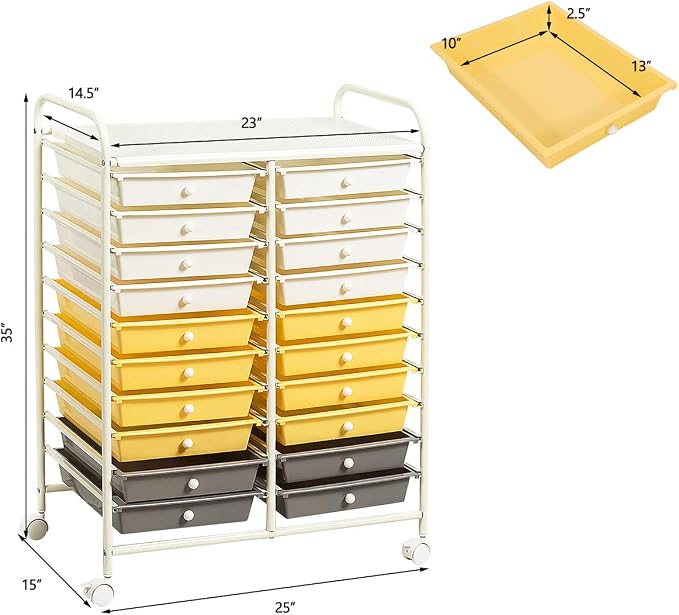 Giantex 20 Drawer Rolling Storage Cart Tools Scrapbook Paper Office School Organizer (25 x 15 x 35 Inch, Yellow) - Image 3