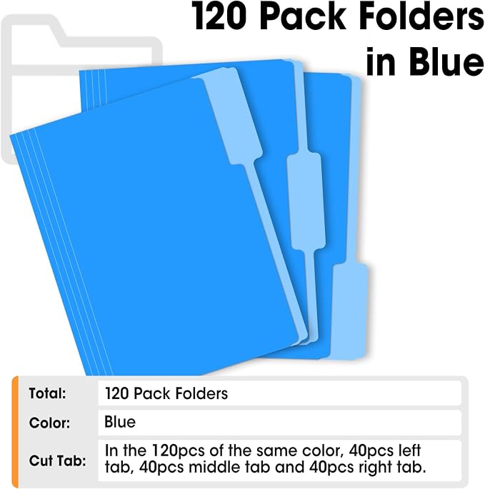 120 Pack File Folders 8.5 x 11 Inch, 1/3 Cut Tab File Folders Letter Size, School Business Office Filing Folder for Document, Blue - Image 5
