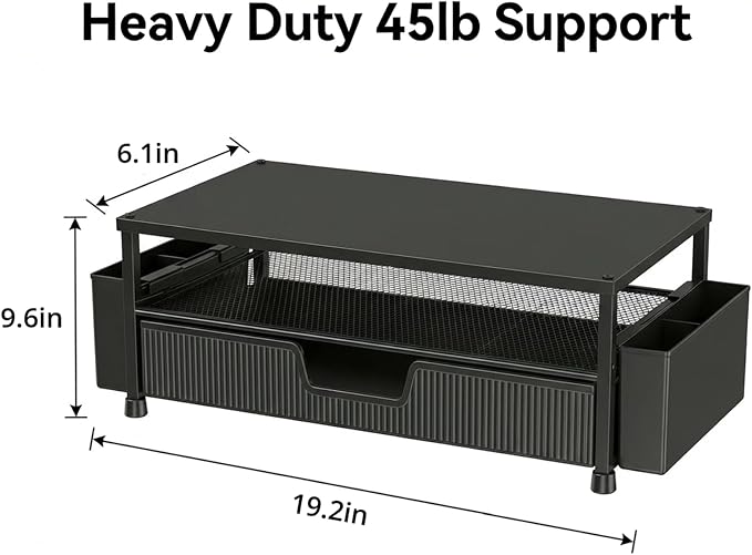 ECOLOVI Desk Organizer and Accessories, 2-Tier Computer Monitor Stand Rise with Storage Drawer & 2 Pen Holders, Laptop & Printer Stand for Desktop, Workspace Organizers for Office Supplies (Black) - Image 2