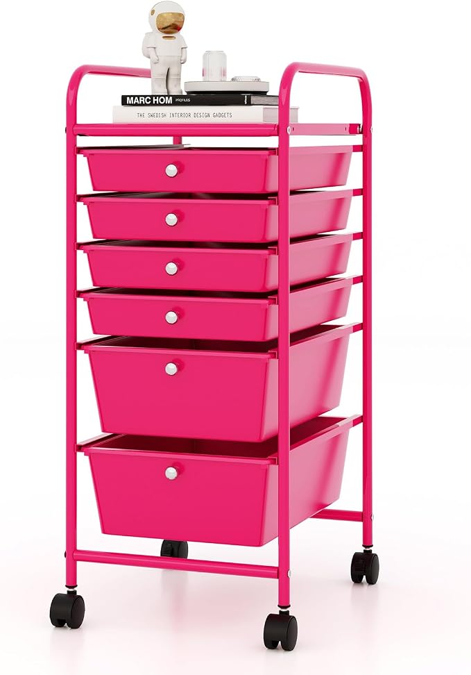 COSTWAY 6-Drawer Rolling Storage Cart, Art Craft Tools Organizer on Wheels | Multifunctional Heavy Duty Utility Mobile Storage Trolley w/ 2 Lockable Wheels for Home Office School (Hot Pink) by COSTWAY