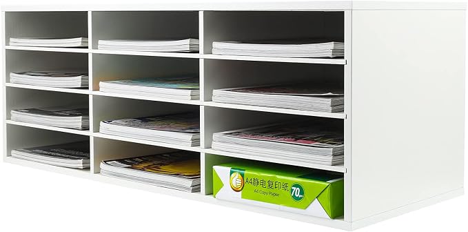 Mail Sorter, Wood Countertop Literature Organizer, Student Mailbox for Classroom, Desktop Bill Paper Organizer for Office Home School, 12 Compartments, White by PAG