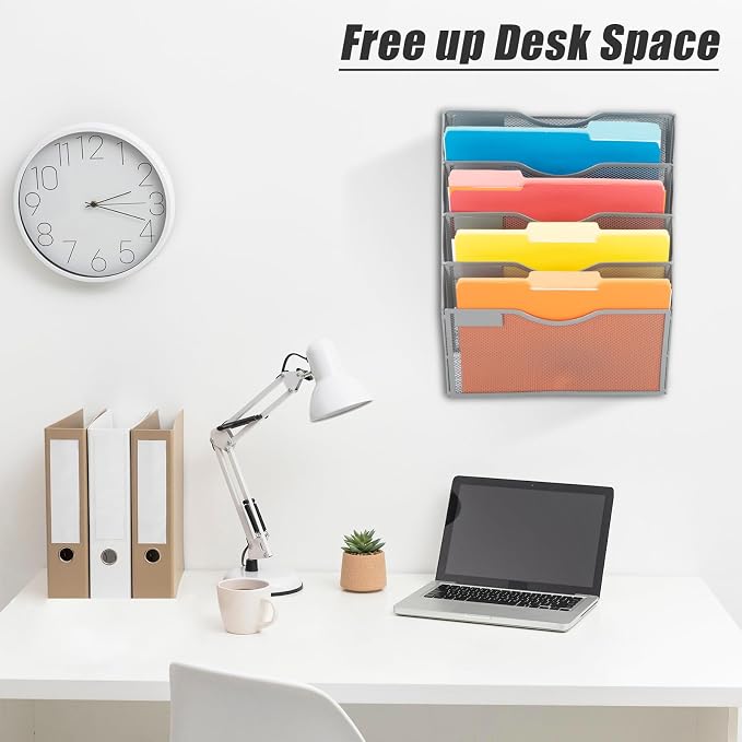 5 Pocket Mesh Hanging Wall File Organizer, Wall Mounted Mail Paper Document Folder Holder, Clipboard Storage Organization Magazine Rack with Nametag Label for Office Home School, Gray - Image 5