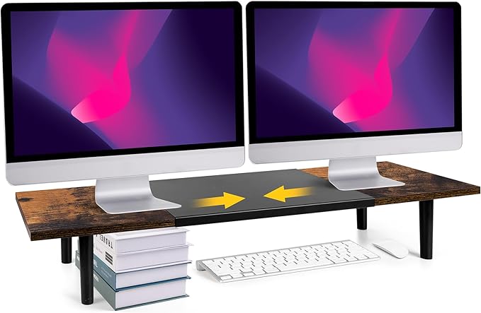Across-Star Dual-Monitor-Stand-Riser-For-Desk Adjustable Length 32-40 Inch，Large Desktop Computer Monitor Riser For 2 Screens，Desk Shelf Organizer Riser Stand For Computer/Laptop/PC/Printer/TV Black by Acorss-Star