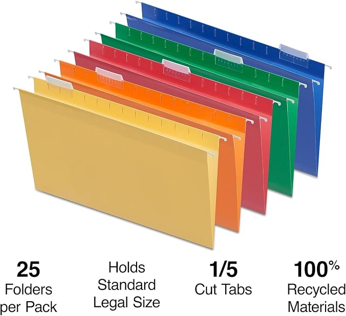 Staples Reinforced Hanging File Folders, Legal Size, 5‑Tab, Assorted Colors, Durable Construction – 25/Box - Image 2