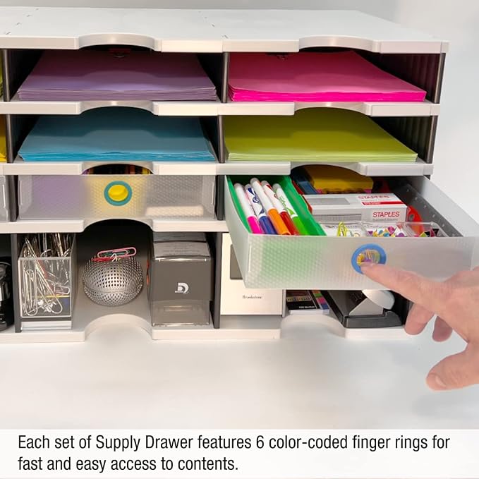 Ultimate Office TierDrop Supply Drawers, 9w x 12d x 2.25h, Set of 3, Clear | Color-coded finger rings for easy access to contents; stores desk accessories and supplies; designed for TierDrop organizers - Image 5