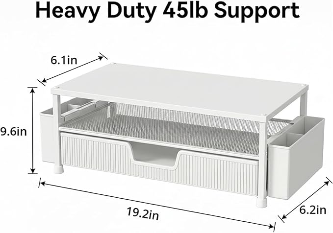 ECOLOVI Desk Organizer and Accessories, 2-Tier Computer Monitor Stand Rise with Storage Drawer & 2 Pen Holders, Laptop & Printer Stand for Desktop, Workspace Organizers for Office Supplies (White) - Image 2