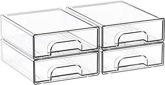 2.2'' High Small Clear Stackable Storage Drawers,4 Pack Desk Organization and Storage Bins,Plastic Office Supply Organizer,Acrylic Drawer Storage Organizer for Makeup,Accessory,Pen,Art Crafts - Image 9