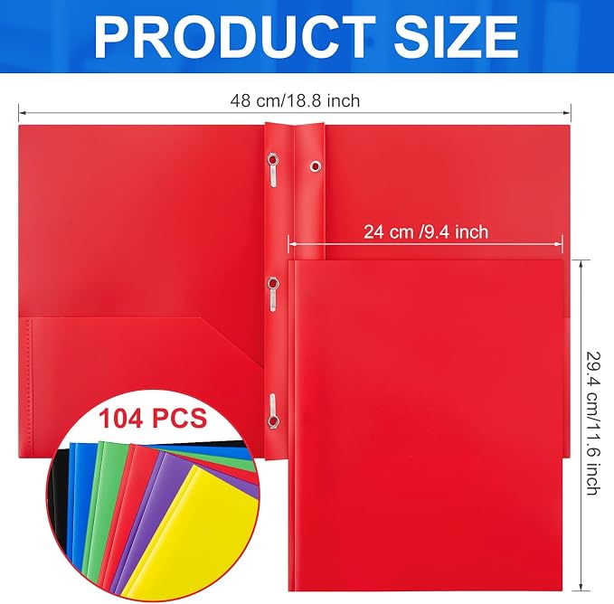 Cholemy 104 Packs Pocket Folders with Prongs Heavy Duty Plastic Folder with Business Card Slot 3 Prong Fasteners for School Office (Stylish) - Image 2