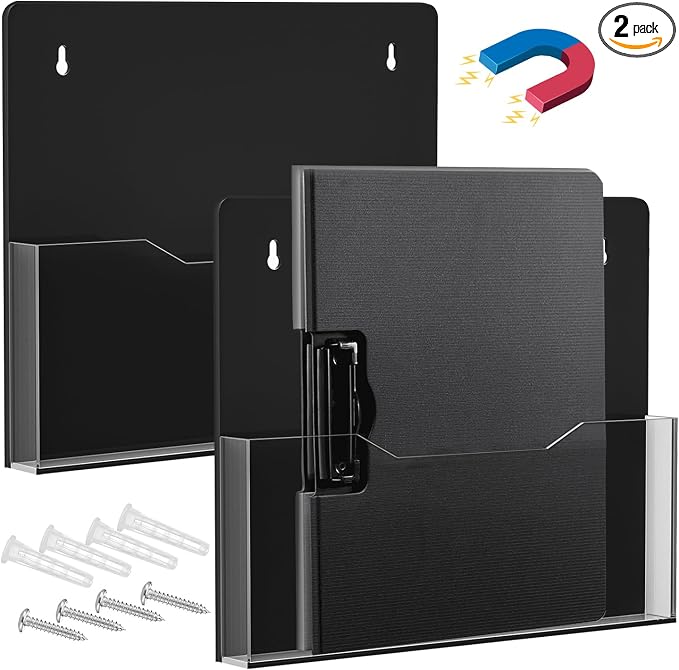 Acrylic Magnetic Wall File Organizer - Clear Black Acrylic Hanging Wall File Holder, Wall Mount Folder Mail Document Holder for Office, Fridge, Whiteboard, 2Pack by ZHIDIAN