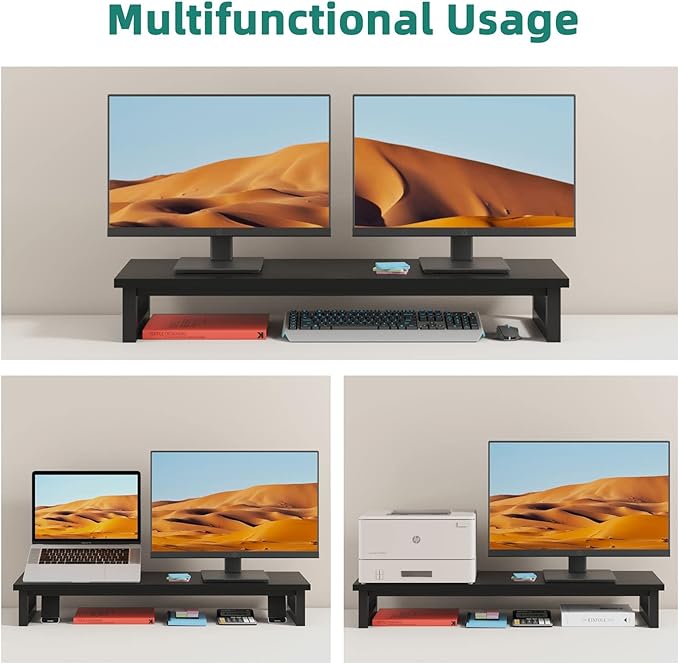 YAOHUOO Dual Monitor Stand Riser, 39Inch Large Monitor Stands for 2 Monitors, Computer Monitor Stand, Wooden Desktop Oraganizer Shelf for Office Desk Computer,Laptop,TV - Image 4