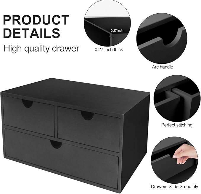Charmewooden Bamboo Desk Organizer with 3 Drawers, Countertop Organizer with Drawers Makeup Storage Drawer 3 Drawer Tabletop Storage Organization Box Home Office Workspace（Black） - Image 4