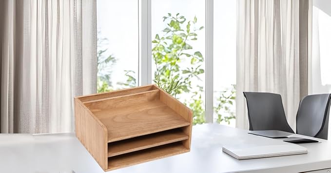 DDYURI 3 Tier Desktop Letter Tray for Office Desk Organizer and Accessories - Wood File Folder Holder for Paper Document Organizer Mail Sorter Workspace Counter Storage Book Shelf Light WJJ3K-LT - Image 8