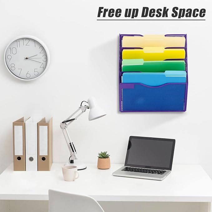 5 Pocket Mesh Hanging Wall File Organizer, Wall Mounted Mail Paper Document Folder Holder, Clipboard Storage Organization Magazine Rack with Nametag Label for Office Home School, Purple - Image 7