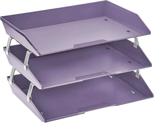 Acrimet Facility 3 Tier Letter Tray, Side Load, Letter Size/A4, Desktop File Organizer, Plastic (Solid Purple Color) | Document Tray with Aluminum Rods by Organizingyourlife