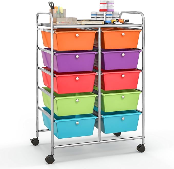Giantex 10 Drawers Rolling Cart, Classroom Organizers, Storage Cart with Wheels, for Teacher Office Home School Supplies Tool Craft Art Paper, Rainbow Color by Giantex