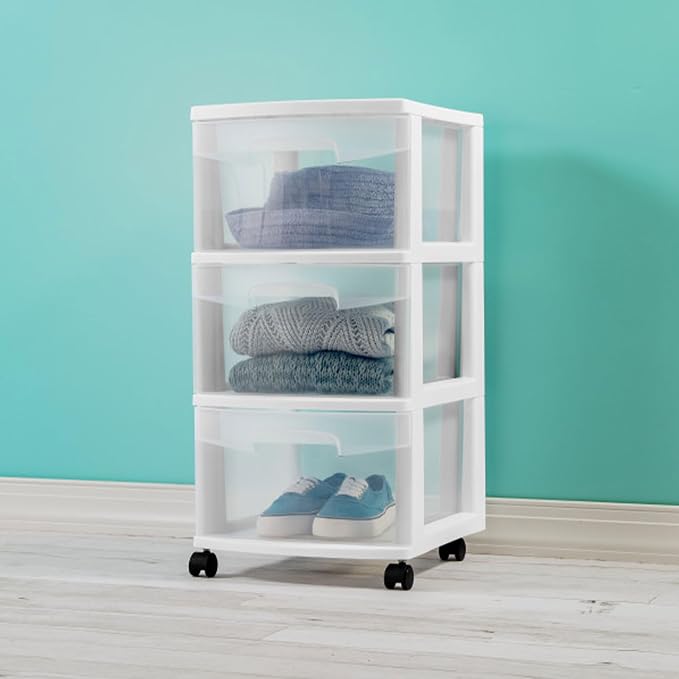 Sterilite 2 Pack Plastic Storage Organizer, 3 Drawer Rolling Bin Cart, Closet Organization, White - Image 2