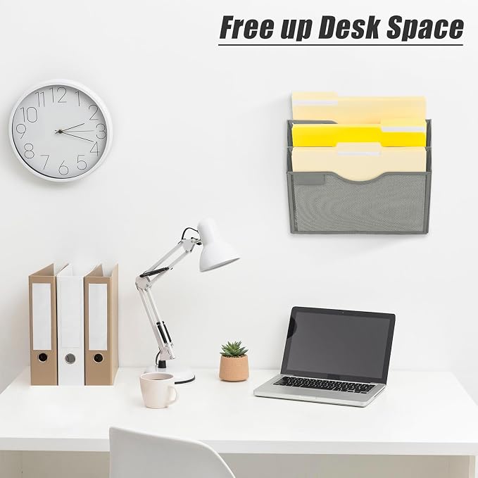 3 Pocket Mesh Hanging Wall File Organizer, Wall Mounted Mail Paper Document Folder Holder, Clipboard Storage Organization Magazine Rack with Nametag Label for Office Home School, Gray - Image 3