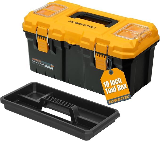 POWERTEC 19-Inch Tool Box with Trays - Lockable, Metal Latch, Organizer, Portable Storage for Tools, Small or Mid-Sized Parts (72362) by POWERTEC