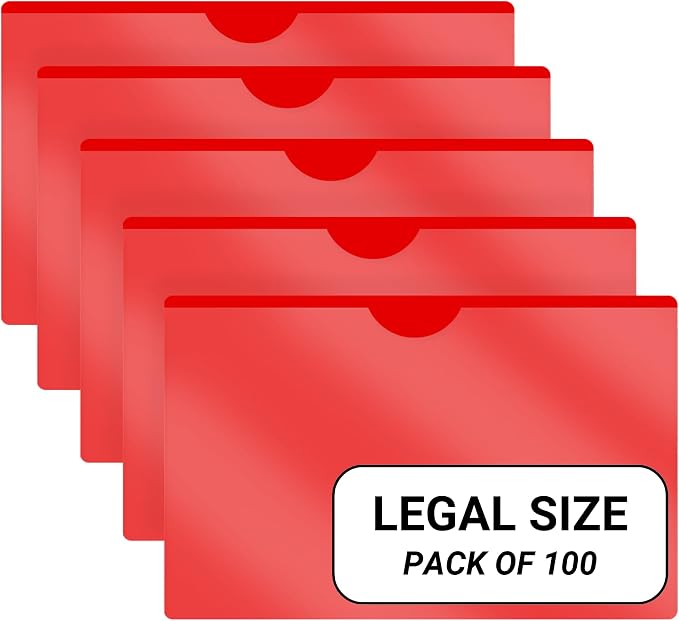 Doctor Stuff- 100 Pack, Vinyl Plastic Pocket File Folders Closed Sides, Legal Size, Clear Front Top Loading Job Jacket, Documents Holder for Office, High School and Medical Files, Red by DoctorStuff