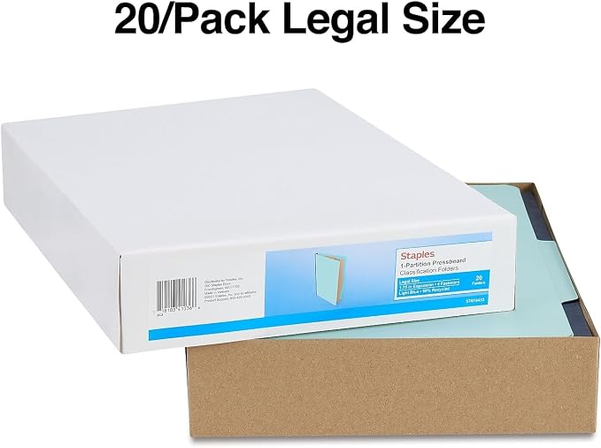 Staples 60% Recycled Pressboard Classification Folder, 1-Divider, 1.75" Expansion, Legal Size, Light Blue, 20/Box - Image 3