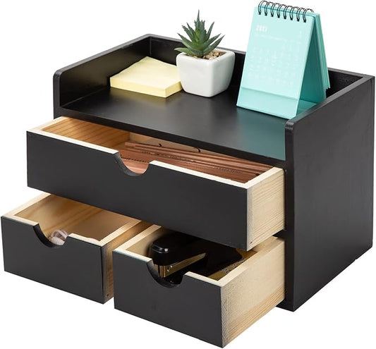 Black Bamboo Desk Organizer Wooden Storage Cabinet 3 Drawers with Shelf Tabletop Organization Box Home Office Workspace Bathroom Toiletries Supplies Caddy Vanity Makeup Stationery Holder by EXOLIRY
