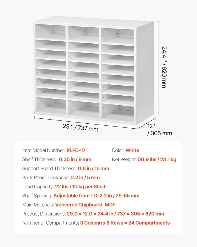 VEVOR Literature Organizer, 24 Compartments Office Mailbox with Adjustable Shelves, Wooden Mailbox Sorter Medium Density Fiberboard Office Home Classroom Storage for Files, Documents, Papers, White - Image 7