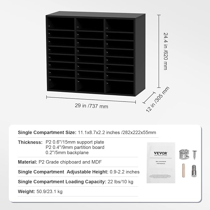 VEVOR Literature Organizers, 24 Compartments Office Mailbox with Adjustable Shelves, Wood Literature Sorter 29x12x24.4 inches for Office, Home, Classroom, Mailrooms Organization, EPA Certified Black - Image 7