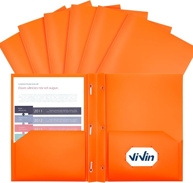 ViVin 12 Pack Plastic Folders with Pockets and Prongs, Heavy Duty 2 Pocket Folders with 3-Prong Fasteners, Poly File Holds 8-1/2" x 11" Paper for School Office Home (Orange) by ViVin
