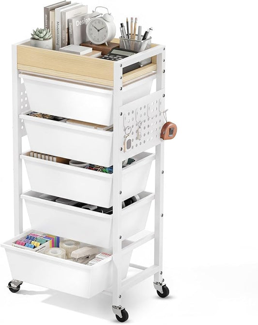 6 Tier Rolling Cart with Drawers, Plastic Drawer Storage Craft Cart with Pegboards & Hooks, Metal Utility Cart with Wheels & Wooden Tabletop, Classroom Office Art Supply Organizers and Storage, White by TimeForest