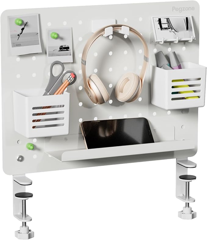 Clamp on Desk Pegboard, 16.5" x 12.6", with 10 Accessories, White | Magnetic Metal Peg Board, Desk Organizer for Office Gaming Home, Privacy Panel, Medium by Pegzone