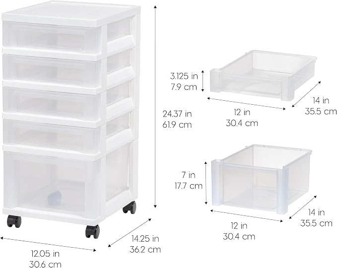 IRIS USA 5-Drawer Rolling Storage Cart with Organizer Top, White/Clear | Keep craft supplies, office essentials, classroom items, and accessories organized with easy-access drawers for daily use - Image 3