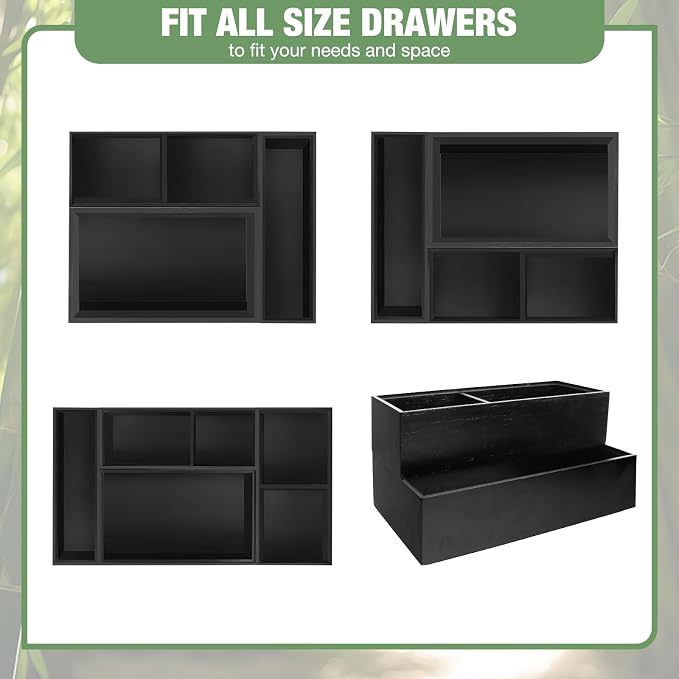 Bamboo Drawer Organizer,5 PCS Black Silverware Tray&Desk Organizers and Storage,Cabinet Divider With Removable Bathroom Organization for Kitchen,Utensils,Junk,Office,Makeup - Image 4
