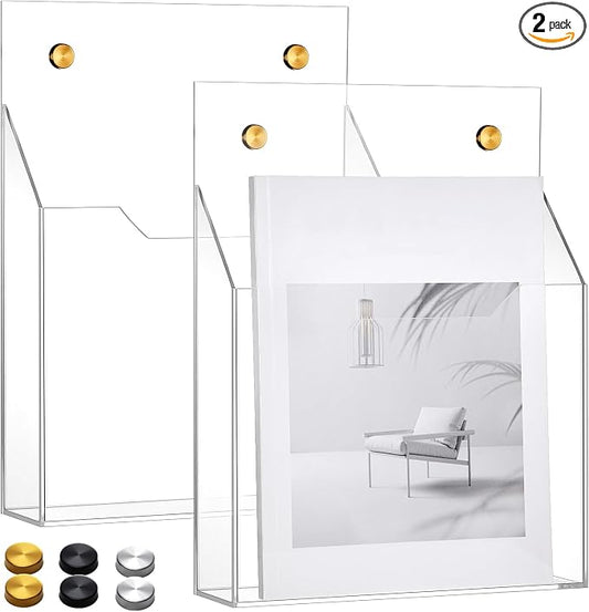 Feifeiya 2Pcs Clear Acrylic File Holder Wall Mount Mail Magazine Organizer File Holders with Screw Wall Office Document Storage Magazine Brochure (12.6"x9.5"x2.4",Widening Vertical,Clear) by Feifeiya