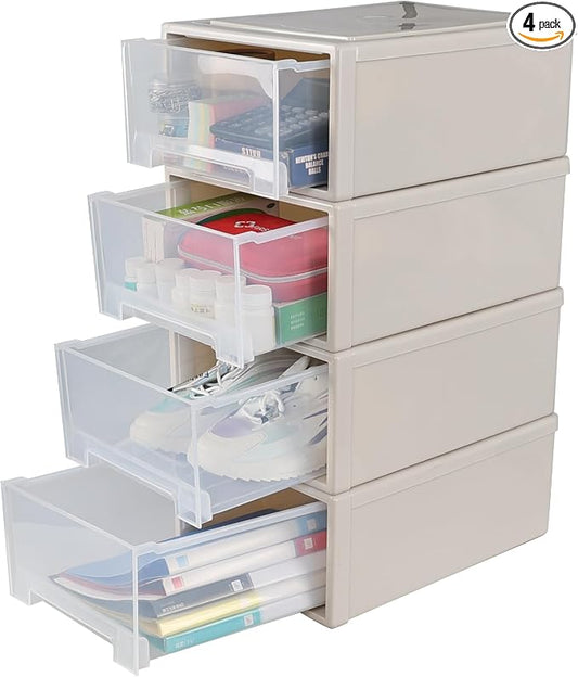 Sadstory 18 Quart Large Plastic Stacking Storage Drawers Units, 4 Packs | Stackable Plastic Drawer Organization, Detachable, Assembly-free by Sadstory