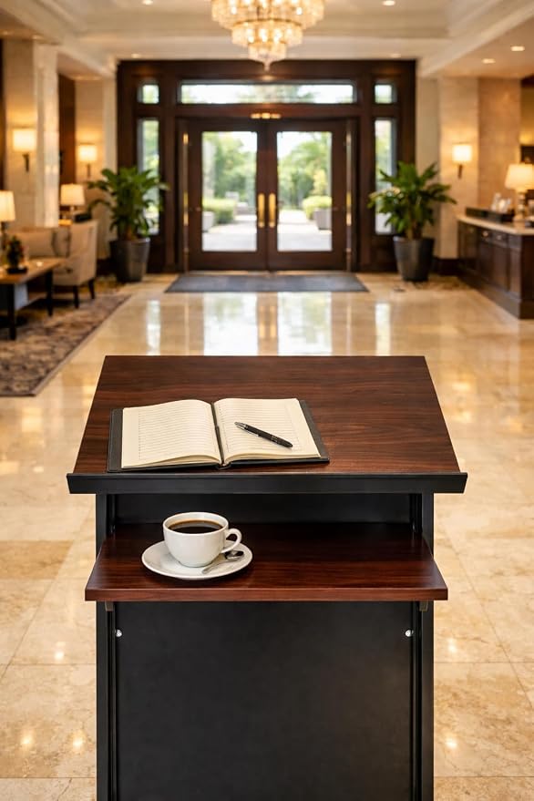 Wheeled Lectern Podium - Standing Desk with Storage Shelf - Cherry/Black - Ideal for Presentations and Laptop Use - Image 6
