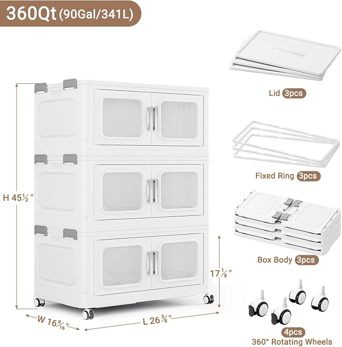 BROVIEW 360 Qt/90 Gal Stackable Storage Bins with Lids, 3 Pack, White | Large Stackable Storage Boxes w/ 3 Lid Folding Plastic Cart Organizer for Home Kitchen, Open Front Clear Door with Wheels - Image 2