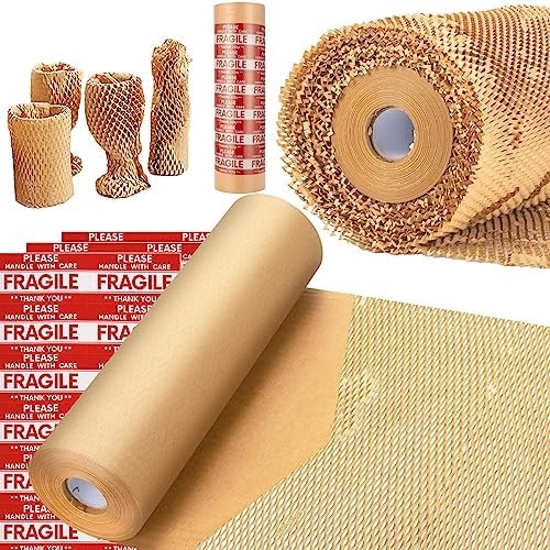 Honeycomb Packing Paper, MINHAO 15"x500' Eco Friendly Packing Paper for Moving Recyclable Honeycomb Paper Moving Supplies Bubble Paper Wrapping Protective Roll, With 36 Fragile Sticker Labels by MINHAO